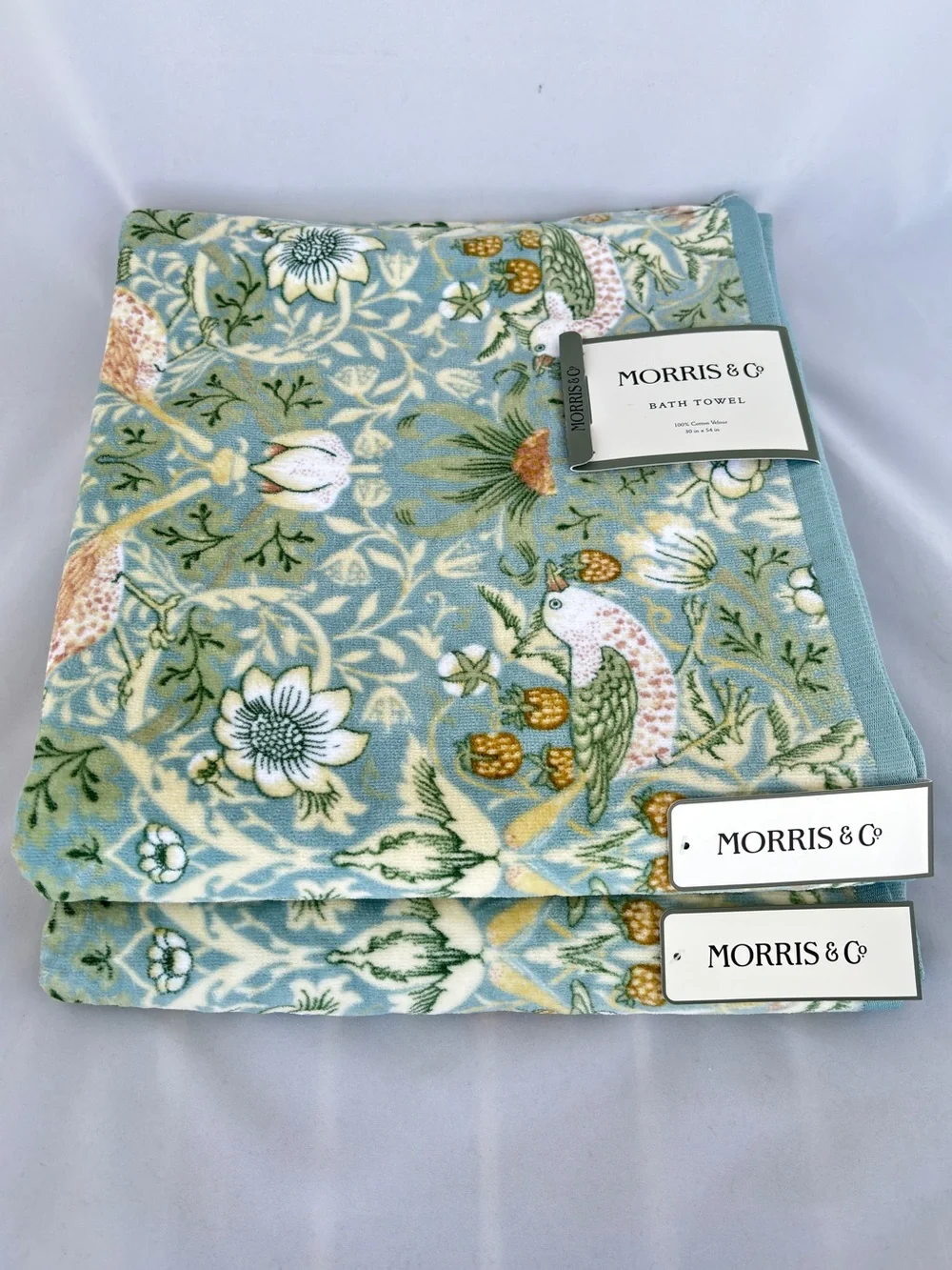 NWT Morris & Co Botanical Cotton Velour Bath Towels Set of 2 Blue Green Floral